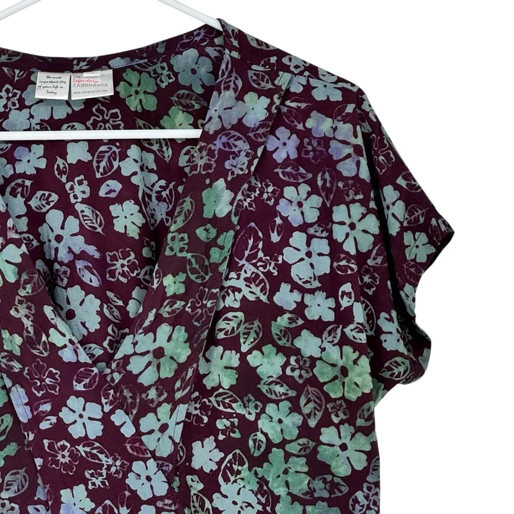 The Legendary Zamboanga Size Small Purple/Blue Rayon Batik Faux Wrap SS Top